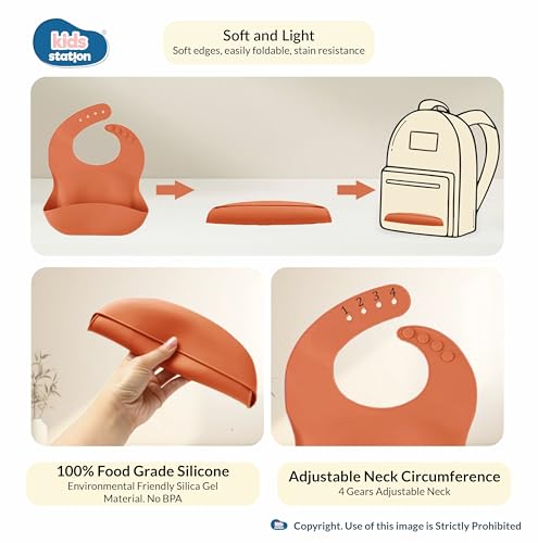 Image of Kids Station 8-Piece Silicone Baby Feeding Set | Suction Bowl, Plate, Bib, Cup, Spoon & Fork | 100% Food Grade BPA-Free Silicone | Non-Slip, Easy to Clean (Pack of 8, Orange)
