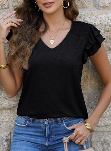 Dokotoo Women's Casual Ruffle Short Sleeve Tops Cute Solid Color Knit Ribbed T Shirts Blouses4