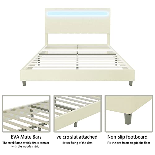 Miyzeal Led Queen Bed With Headboard, Velvet Upholstered Platform Bed Frame Queen Size, Comfortable Sleep Bed Frame With Wood Slat & Center Support Feet, No Box Spring Needed (Beige) #TOP5