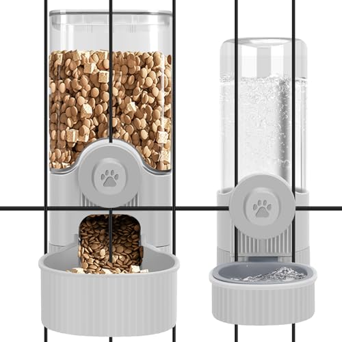 Yummy Sam Hanging Cage Automatic Small Pet Food Bowl Water Bottle Dispenser Detachable Auto Gravity 1.2L Self-Feeding Feeder and 0.52L Waterer Set Kennel Feeding Station for Puppy Cats Rabbit(Grey)