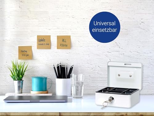 MAUL Geldkassette aus Stahl | 12,5x9,5x6,1cm | Kasse mit Münzeinwurfschlitz | Geldkassette abschließbar und tragbar | geeignet als Spardose, Kaffeekasse, Sparkasse, Trinkgeldkasse | Weiß