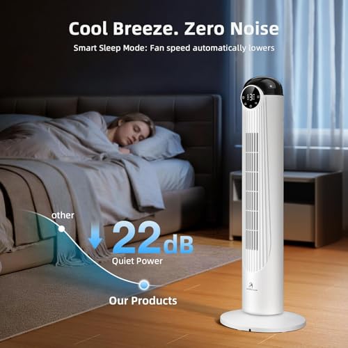 Image of Antarctic Star Tower Fan, 35 Inch DC Motor Bladeless Oscillating Fan with Remote, 6 Speeds & 4 Modes, LED Display, 9H Timer, Quiet Floor Standing Fan for Bedroom Living Room Office, White