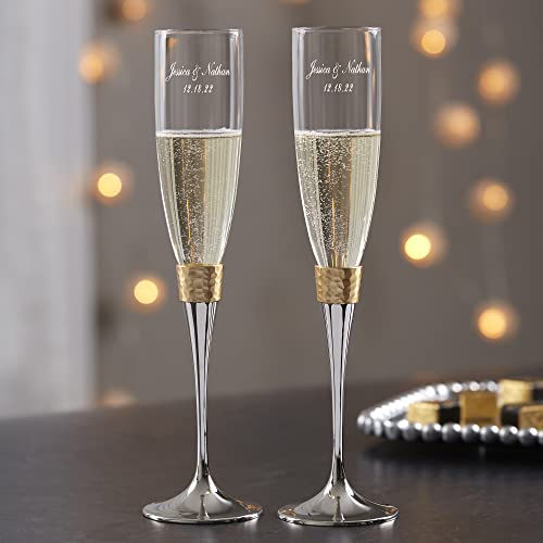 Personalization Universe Gold Hammered Engraved Champagne Flute Set - Custom Wedding Decor, Vintage-Inspired Glass for Bride and Groom - 5 oz, Gift Box Included
