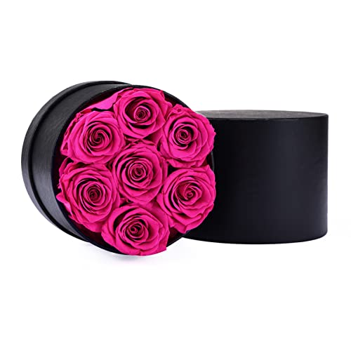 Beaulasting Roses Preserved Roses Box Eternity Roses Real Roses Gifts For Her Valentine's Day Christmas Anniversary Birthday Mother's Day(Round Black Box, 7 Hotpink Roses) #TOP1