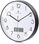 Lafocuse 12 Inch Silent Black Wall Clock with Date and Day, Modern Analog Clocks with LCD Display Battery Operated for Living Room Bedroom Kitchen