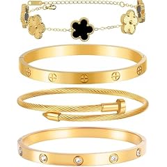 Bracelets Stack 4Sets (Floral Black+Gold Bracelets,Bangle)