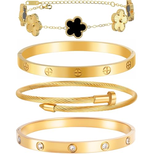 Womens Stackable Floral Gold Bracelets - 4Pcs 18K Gold Plated Bracelet Stainless Steel Bangle Bracelets Non Tarnish Gold Bracelet Set Trendy Jewelry Christmas Valentines Birthday Gifts for Girlfriend