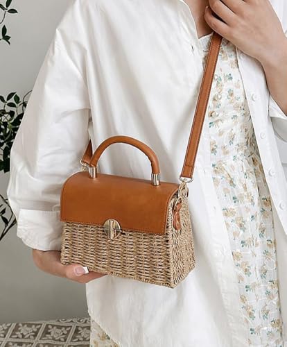 Image of Women Handwoven Straw Purse Rattan Handbag Beach Woven Straw Tote Square Bag Boho Basket Crossbody Bag