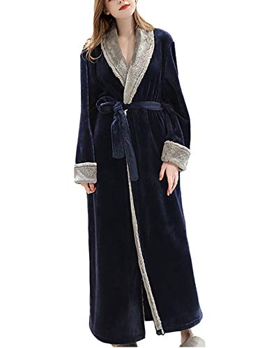 Womens Long Fleece Plush Bathrobes Warm Housecoats, Navy Blue L