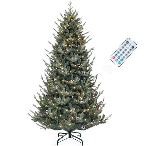 YITAHOME 7.5FT Prelit Blue Christmas Tree with Remote, Pre-Decorated Artificial Hinged Hillside Spruce Holiday Xmas Tree with 51 Pine Cones, 500 Lights & 11 Light Modes Blue 7ft 6in