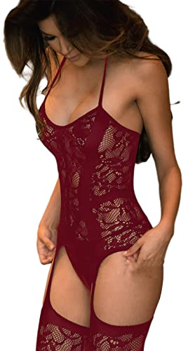 JFAN-Conjunto-de-Ropa-Interior-de-Jacquard-para-senoras-Body-de-Encaje-con-Cuello-Colgante-de-Tul-sin-Tanga-Vino-Rojo