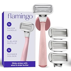 Flamingo Shaving Razor Set for Women – Original Razor Handle, 4 Blade Refills, and Shower Holder – Rose