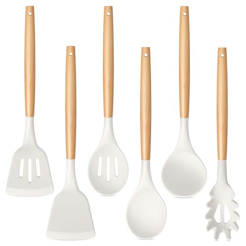 TeamFar Cooking Utensils Set of 6, Silicone Kitchen Utensils with Wooden Handles for Cooking/Turning/Serving/Mixing, Heatproof Kitchen Tools for Non-stick Cookware, Healthy &Non-Scratch, White