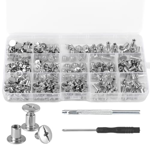 GZGXKJ 120 Set Rivet a Vite Chicago M5 x 4/5/6/8/10/12mm Rivetti per Cuoio Chicago per Artigianato in la Decorazione in Pelle Fai Da Te, Cinture, Libri, Album di Foto (Argento)