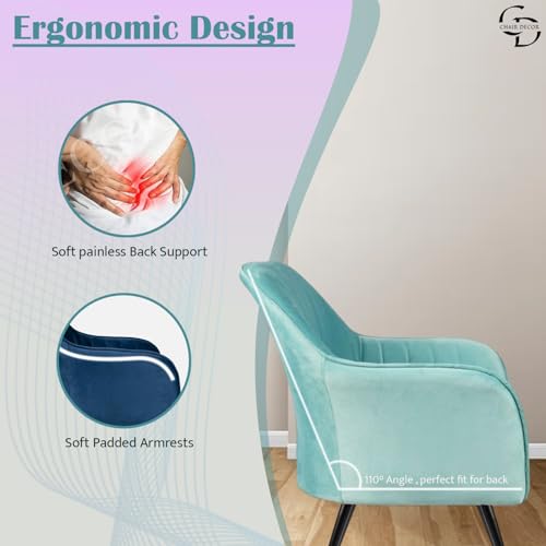 Image of Velvet Accent Chair | Luxury Upholstered Armchair with Sturdy Metal Legs | Modern Comfortable Chair for Living Room, Bedroom, Office, or Cafe (Black Legs, Sky Blue)