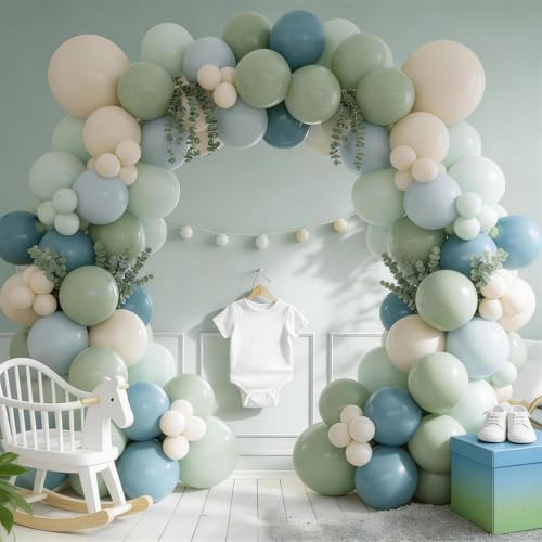 Image of Sage Green Dusty Blue Balloon, Boho Baby Shower Bridal Shower Party Balloon | 12Inch Light Green Blue Sand White Latex Balloons for Jungle Safari Bear Theme Birthday Wedding Anniversary Party Decorations