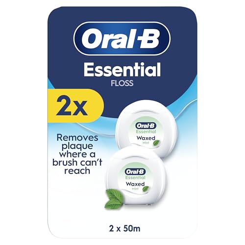 Oral-B Essential Floss - Removes Plaque - Waxed Dental Floss for Tight Spaces - Shred-Resistant - Mint - 2x50M Roll