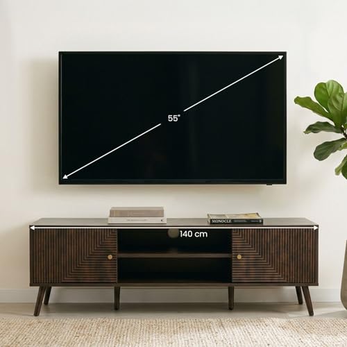 IDIMEX Meuble TV Livia L 140 cm avec 2 Portes et 2 Niches en Bois Brun Foncé Style Cannelé, Design Moderne et Façade Rainurée, Poignées en Métal, pour...