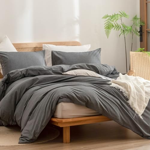 Image of BESTOUCH Cotton Solid Duvet Cover Set Linen Feel Dark Grey Alaska King | 100% Washed Cotton, Soft Wrinkle Texture, Hidden Zipper, 8 Ties, Breathable Lightweight Durable Comfy, 3 Pcs No Insert