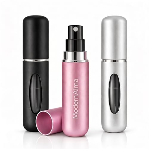 ModernAlma® - Atomizador Perfume Recargable | Atomizador Perfume Viaje Portátil de Aluminio con Ventana | Mini Spray Perfume Recargable para Avión, Bolsillo y Viaje (3, Multicolor 1, 5)