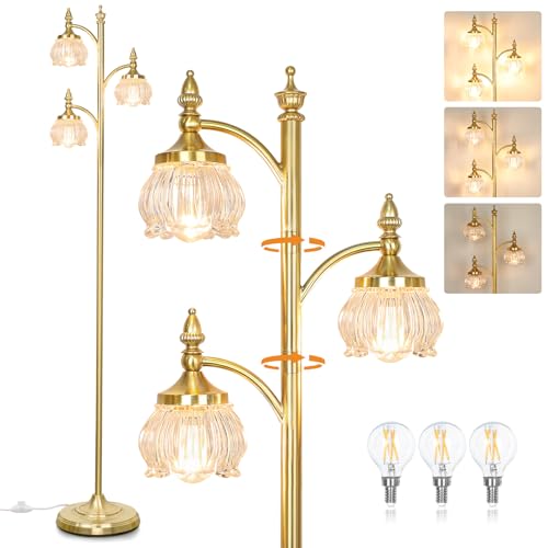 JUNNAI Floor Lamp Gold Glass Brass 66.5in Tall Standing Lamp for Living Room with 3 Brightness Lights Vintage Tree Flower Lamp for Bedroom Office(3LED Bulbs Included)