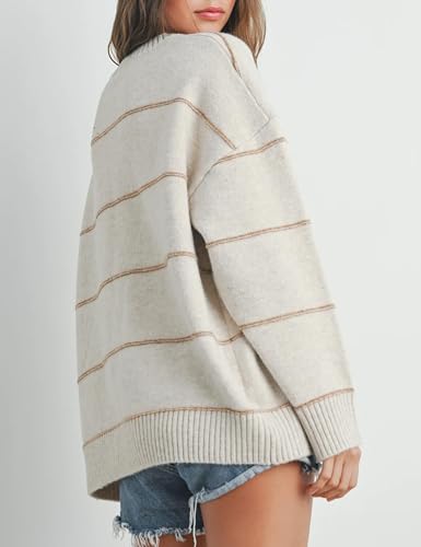 Image of Womens Fall Striped Sweater Lightweight Long Sleeve Cable Soft Knit Oversized Pullover Sweaters Top(Beige-L)