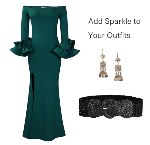 COTIM COYIN Womens Sequin Wide Buckle Stretchy Belt, Sparkly Glitter Vintage Elastic Belts for Dress Stretchy Waistband 7