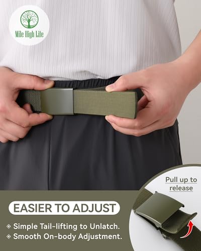 Image of Mile High Life Stretch Canvas Belt for Men, Golf Casual Elastic Web Belt, Top Military Buckle, Adjustable Cut to Fit