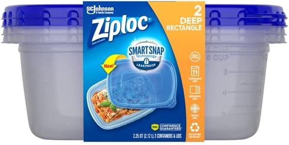 Ziploc Recipiente rectangular grande de almacenamiento de alimentos de una prensa, 2 unidades por paquete, 6 por caja.