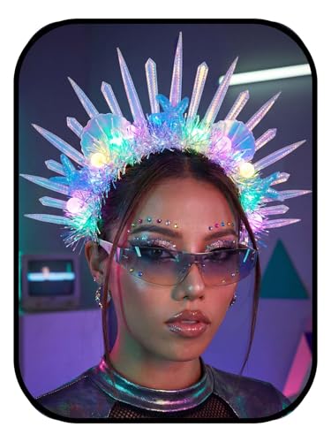 Lorealri Light Up Star Crown Headband, Blue and Silver Glitter Stars, LED Rave Party Costume Headwear Accessory for Women (Blue)