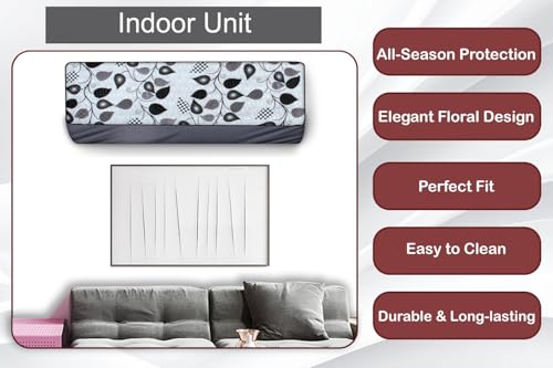 Image of The Furnishing Tree Split AC cover for indoor and outdoor unit of 2 ton waterproof and dustproof Grey Leaves pattern