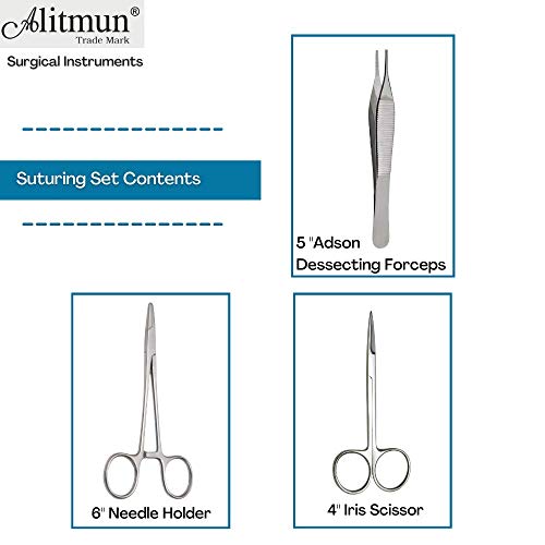 Image of Quality Suture Set of 3 Surgical Instrument, 6'' Needle Holder, 5'' Adson Dissecting Forceps, 4'' Iris Scissor, 100% Stainless Steel Suturing Kit for Practice, for Medical Students, Doctor