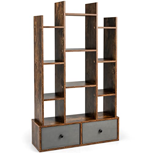 CASART Tree-Shaped Bookshelf, Wooden Bookcase with 1/2 Drawers, 7/12 Cubes & Anti-Tipping Device, Floor Standing Display Shelf for Living Room Bedroom Office (Rustic Brown, 12 Cubes + 2 Drawers)
