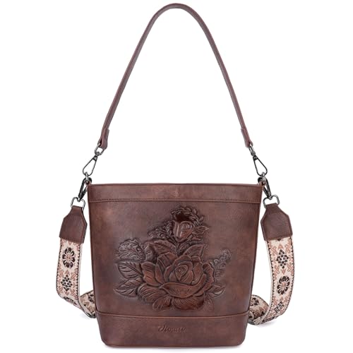 Image of Crossbody Purses for Women, Trendy Embossed Vegan Leather Bucket Bag, Travel Shoulder Handbag with 2 Detachable Straps