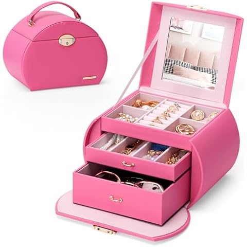 Homde Girls Jewelry Box Jewelry Storage Case Organizer with Mirror for Rings, Earrings, Bracelets, Necklaces (Pink + Gold) Cover