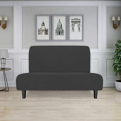 Easy-Going Stretch Futon Slipcover Armless Futon Bed Cover Furniture Protector Without Armrests With Elastic Bottom For Kids, Soft Jacquard Fabric Small Checks (Medium, Dark Gray) #TOP1