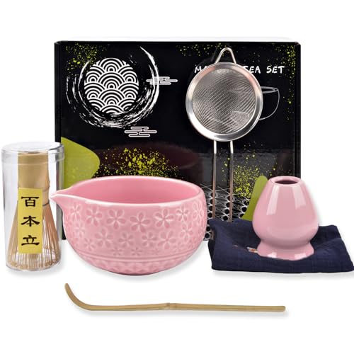 Rosa Matcha Tea Set – 7 Stück Matcha Sets Zubehör Mit Besebhalter Sieb Besen Whisk, Matchaset Mit Schale Löffel Chasen Halter Bambusbesen Matchabesen Ausgießer und Tasse für Barista Geschenkset