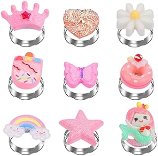Abeillo 9 Pcs Adjustable Girls Rings Set Toys for Kids ,Princess Girls Finger Rings Dress up Rings Kids Girls Play Party Favor Rings Cute Princess Jewelry Rings Party Supplies