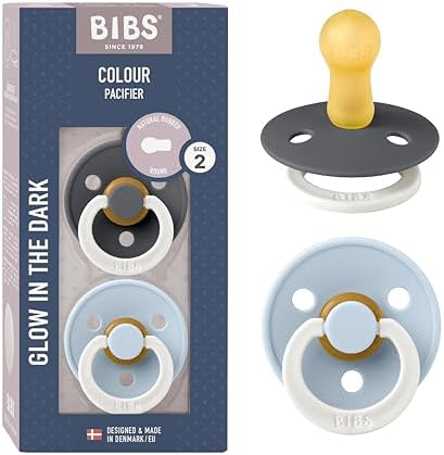 BIBS Boheme Glow in The Dark Soother 2-Pack. BPA Free. Round Nipple Latex, Size 2 (6-18 Months), Blush Glow/Vanilla Glow
