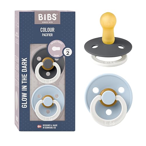 BIBS Colour Glow Pacifier, 6-18 Months, 2-Pack, Round, Iron/Baby Blue