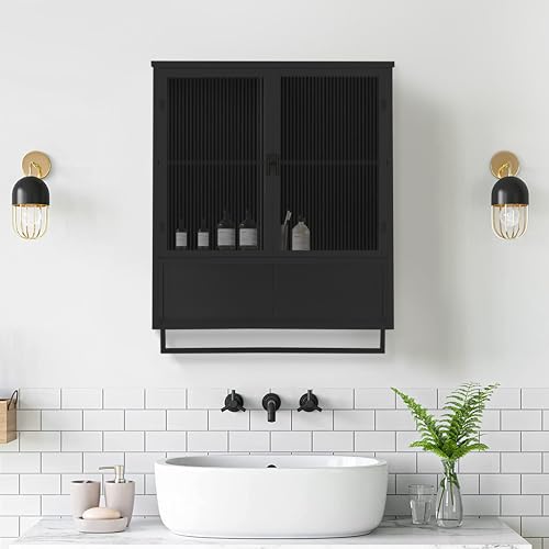 VIVCA Armadietto moderno a due ante in vetro da 60 cm, con due ripiani chiusi, uno scaffale aperto e porta asciugamani, per ingresso, soggiorno, bagno, sala da pranzo, nero