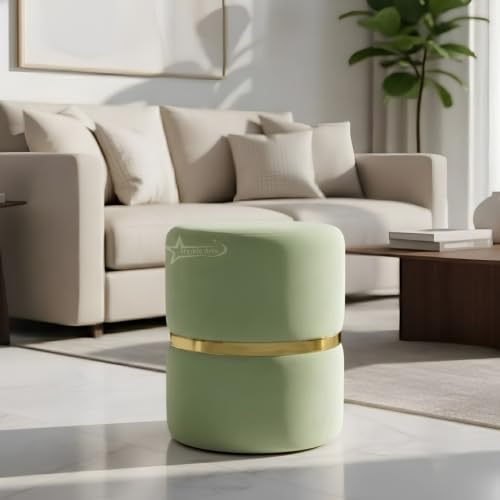 Image of Round Single Strip Upholstered Stool Living Room Foot Rest Linen Fabric Padded Seat Pouf Ottoman Office Stool (Pista Green)