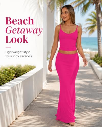 Image of Two Piece Skirt Set Women Maxi Long Skirt and Top Outfit | Soft stretchy 5 pc, slim bodycon, adjustable spaghetti straps, ruched crop tank, elastic waist, going out, beach vacation