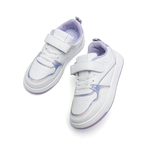 Kids Athletic Sneakers, White with Silver Accents, Hook and Loop Closure2