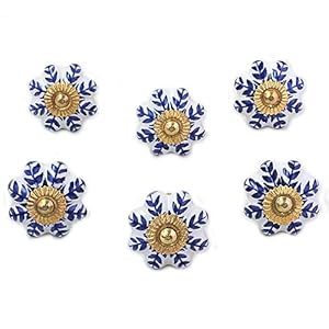 NOVICA Artisan Handmade Ceramic Cabinet Knobs Floral White Blue Set of 6 India Metal Decor Accessories Decorative Hardware Painted Garden Party Bohemian 31in H x 2in W x 12in D Screw Length 19in