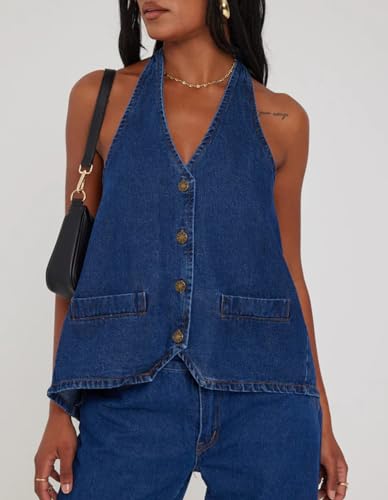 Kedera Women's Tie Up Denim Vest Button Down Backless Denim Tank Top V Neck Sexy Loose Fashion Cropped Vest2