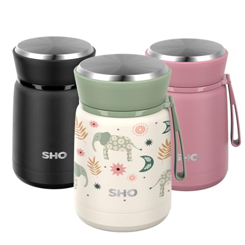 SHO Food Flask - Vacuum Insulated, Double Walled Stainless Steel Food Flask & Food Container - 10 Hours Hot & 20 Hours Cold - 530ml 800ml - BPA Free (Elephant Dawn, 530ml)