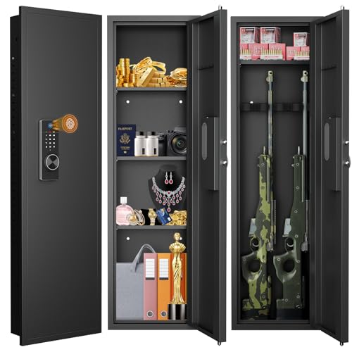 Image of 53.15 inch Wall Safe Between the Studs, Biometric Fingerprint Hidden Safe with Dual Alarm System and Silent Mode, Wall Gun Safe with 3 Adjustable Shelves and Magnetic Slot (Black-Fingerprint)
