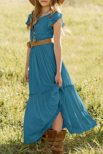 Image of MITILLY Girls Lace Flower Wedding Guest Long Maxi Dress for 6-12 Years | Girls Boho Dress, Girls' Special Occasion Dresses, Wedding Party, Size 6-12 Years, Ruffle Sleeve, A Line, With Pockets