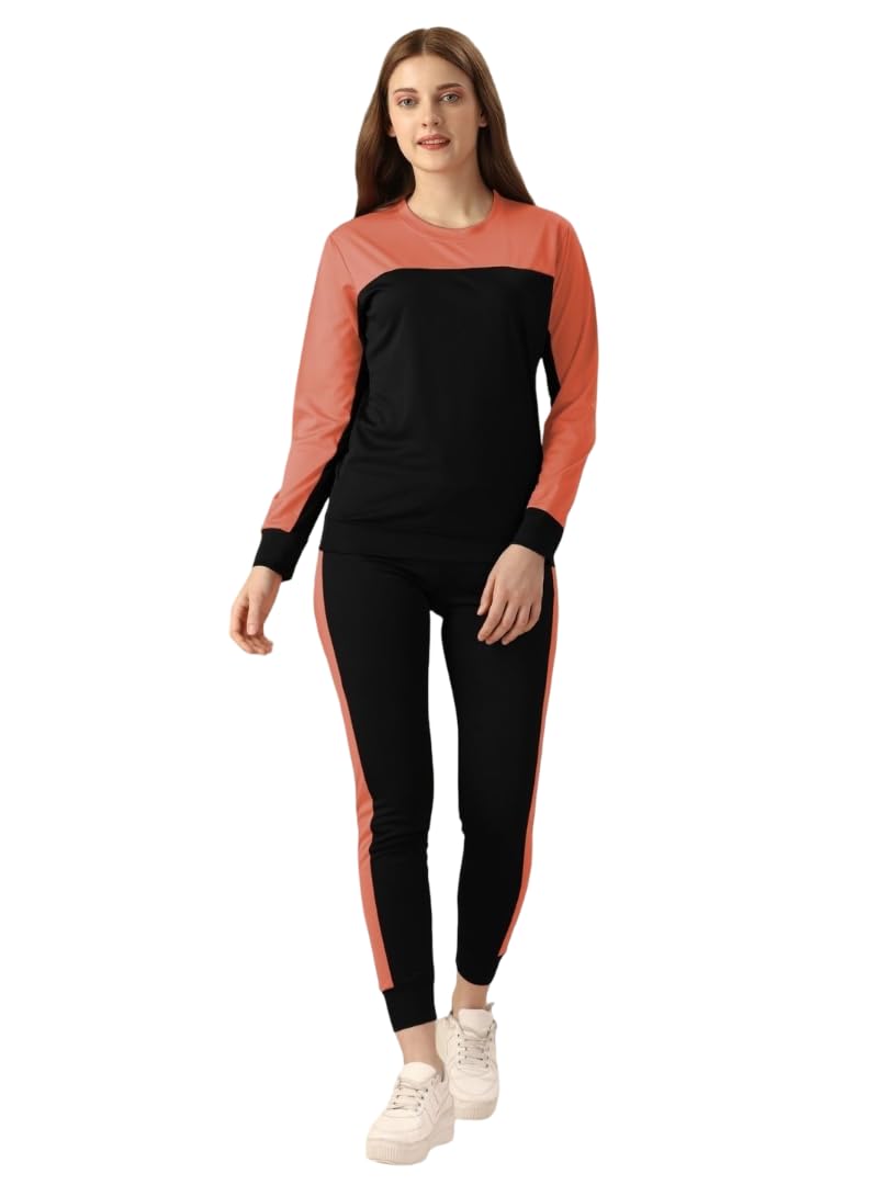 women’s stretchable polycotton co-ord set | full sleeve round neck color block top with matching track pants | 2-piece tracksuit for gym yoga running walking & casual wear (peach, 2xl)